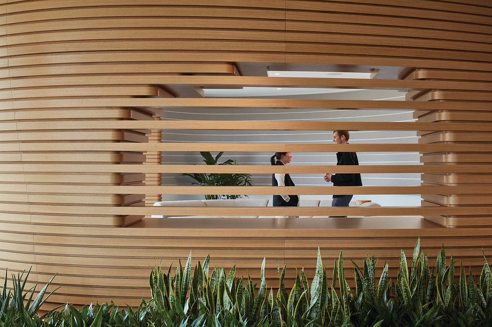 People meeting in a modern office space with wood accents and plants.