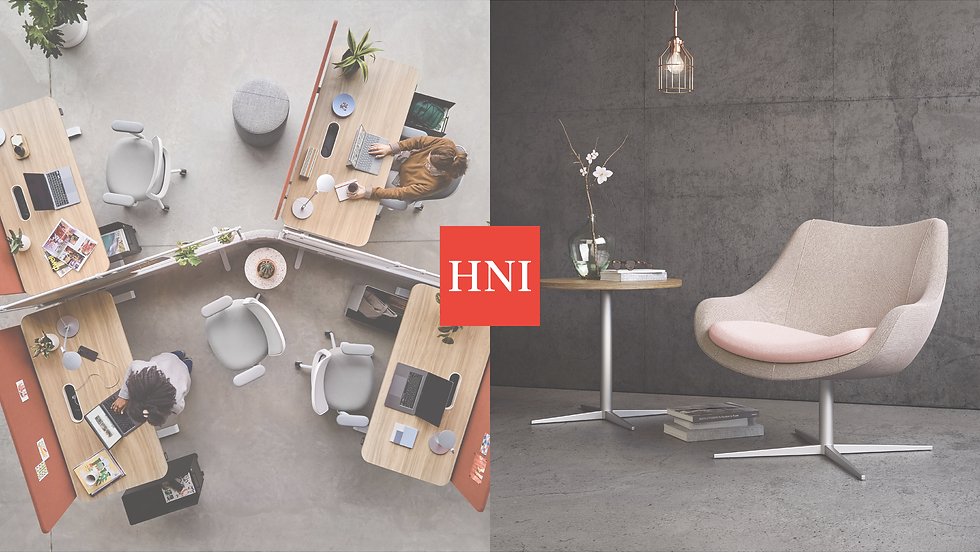 Modern office layout with desks, chairs, and the HNI logo.