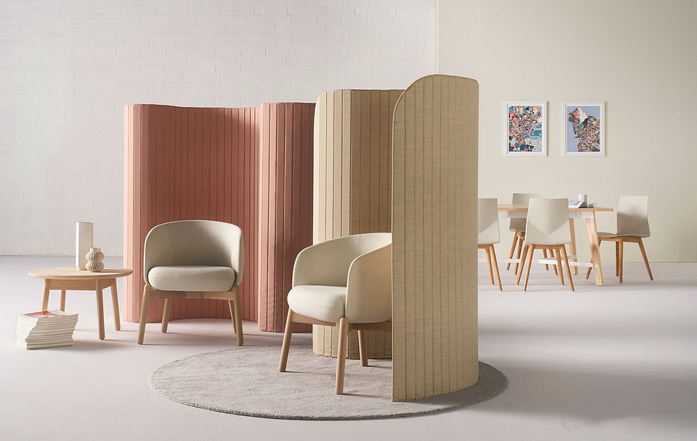 Flexible meeting space with acoustic partitions and comfortable seating, ideal for collaborative work or private conversations. Office design by Henricksen.