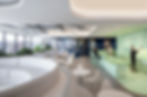 Modern office lounge and collaboration area featuring a curved sofa, tables, chairs, and a counter with bar stools. Office design by Henricksen.